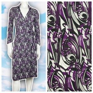 ❤️ NINE WEST Abstract Geo Faux Wrap Collared Midi Dress Hippie Groovy Retro 70s